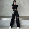 Houzhou Black Szerokiej nogi Spodnie Cargo Kobiety Hollow Out Streetwear Spodnie Techwear Elastyczny Waist Patchwork Koreański Moda Lato 211115