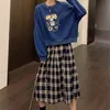 Werueruyu Vintage Plaid Pleated Long Kjolar Hög midja Vinter Kvinnor Koreanska Woolen Kjol StreetWear Elastic Waist Midi Skirt 210608