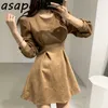 Asapgot Koreański Chic Jesień Zima Vintage Slim Linia Wysoka Talia Długa Sukienka Rękaw Puff Mini Luźna Dorywczo Vestido de Mulher 210610