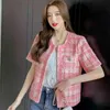 Temperament Ladies Korea Styl Różowy Plaid Tweed Kobiety Krótki Rękaw Kurtka Wiosna Elegancka Kobieta Moda Casual Ol Cardigan 210519