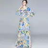 Zarif Sonbahar Mavi ve Beyaz Porselen Çiçek Maxi Elbise Kadın Ruffles Seksi Slash Boyun Yüksek Bölünmüş Bohemian Uzun Elbiseler 210518