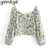 Mode Vrouwen Vintage Floral Print Chiffon Blouse Sexy V-hals Puff Sleeve Crop Top Dames Zoete Tops 210514
