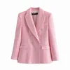 ZA Women Fashion Double Breasted Tweed Check Blazers Coat Vintage Long Sleeve Female Outerwear And High Waist Short Skirt 211122