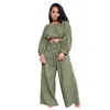 Women's Two Piece Pants 2022 Autumn Casual Solid Color Round Neck Long-Sleeved Split-Knot Top And High Waist Trousers Suit Roupas Femininas