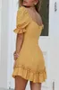 Polka Dot White Summer Dress Lace Up Hollow Out Mini Sun Yellow Beach Boho Es Casual Fashion Vestidos Mujer 210427