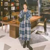 Autumn Winter 2021 Female blend Jackets Plaid Gray Blue Contrast Color Lapel Single-Breasted Loose Casual Long Woolen Coats Clothing