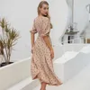 Polka Dot Women Wrap Drelegant Puff Sleeve Sommar Kvinnor Boho Drwrap Work Streetwear Kvinna Retro Maxi Party Dresses 2021 x0621