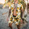 メンズジャージ男性ファッションハワイアンメンズプリントセット半袖夏カジュアル花柄シャツビーチツーピーススーツ 2021 セット 5X