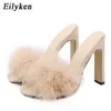 Eilyken Sexy Feather Fur Ladies Slippers Summer Fashion Party High Heels Shoes Gladiator Slides Sandals Women Q0508