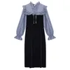 [Eam] Kvinnor Blå Spliced ​​Casual Dress Peter Pan Collar Puff Sleeve Loose Fit Fashion Spring Höst 1DD6912 21512