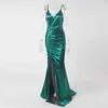 Green Satin Drawstring Split Leg V neck Backless Sleeveless Long Evening Party Dress Gown Prom Summer X0521