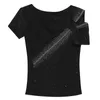 Zomer Europese kleding T-shirt Sexy glanzende onregelmatigheid Off Shoulder Mesh Diamond Tops Ropa Mujer Tees T05503 210623