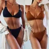 Metal Ring Sling Knitted Ribbed Swimsuit Sexy Low Waist Bikini Swimwear 2 Pieces Summer Ladies Backless Brown Bodysuit 210604