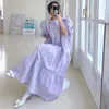 Korejpaa Women Dress Korean Chic Summer Casual Square Collar Small Flower Stitching Loose Pleated Dress Long Vestido 210526