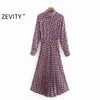 Zevenity nieuwe vrouwen vintage geometrische print casual sjerpen shirt jurk chique vrouwelijke lange mouwen geplooide vestidos feestjurken DS4157 Y1204