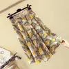 Plus Storlek Kvinnor Sommar Bomullstrand Casual Kjol Lemon Print Plisserad Lång kjol med Bälte Ladies Elastisk Hög midja Midi Skirt 210619