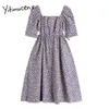 Yitimuceng blommigryck Klänningar Kvinnor Sommar Vintage Shirring Hollow High Waist Puff Sleeve Lila Fashion Midi Dress 210601