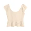 Women Sweet Fashion Ruffles Openwork Cropped Knitted Blouses Vintage Sleeveless Hollow Out Shirts Female Chic Tops 210520