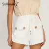 Sollinarry Cotton High-waist Straightleg Shorts Casual Pocket Button Summer Female shorts Elegant White loose office lady shorts 210709
