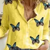 المرأة عارضة طويل الأكمام الفراشات طباعة واحدة الصدر مكتب قميص بلوزة X0521