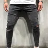 Heren jeans mannen skinny effen kleur knie gat denim was vintage hiphop broek slank vernietigd ontwerp mode mannelijke kleding broek