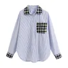 Sweet Tweed Patchwork Striped Blouses Long Sleeve Pockets Loose Female Shirts Cute Work Wear 210430