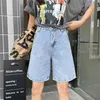 AILEGOGO Summer Women High Waist Gamba larga in denim nero Shorts casual femmina sciolta a bottone dritto jeans bermuda 210714