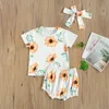 0-2Y Summer Flower Toddler Born Baby Girl Clothes Set Sunflower Tshirt Shorts Headband Outfits Kostymer 210515