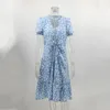 Damen Sommer Casual Temperament Frauen Blumen Gedruckt Kurzarm V-Ausschnitt Rüschen Lange Kleid Mode Boho Stil Robe 210517