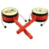 Chinesische Tradition für Babykinder Cartoon Handglockenspielzeug Holzrassel Drum Musical Instrument Traditionelle Rassel Drum Spin Toys