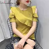 Summer Korean Style Coton Sloid T-shirt Sexy Mode Brillant O-Cou Off Épaule Femmes Tops Volants Casual Slim Tees T13418A 210421