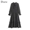 Vintage Elegant Bow Tie Collar Print Dress Women Long Sleeve Ruffle Midi Elastic Waist Chic Casual Black es 210515