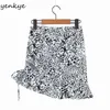 Vintage Animal Print Sexig Kjol Kvinnor Sida Drawstring Hög midja Asymmetrisk Mini Hem Ruffle Summer Jupe Femme 210514