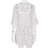 Kobiety Hollow Out Lace Flared Rękaw Ruffles Sukienka Wiosna Summer Casual White Loose Dwa Kawałki Mini Dresses Party Vestidos 210325