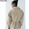 Zar mulheres moda com cinto solto casaco de lã casaco vintage manga longa inverno elegante outerwear chique overcoat 210914