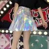 Japanese Korea Holographic Pleated Skirts Women PU Solid Harajuku Casual Laser Hight Waist Mini Short Skirt Rainbow 210619
