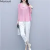 Summer Pink Cotton Linen Due pezzi Completi Donna Camicia con scollo a V + Pantaloni bianchi Tute Moda casual Donna coreana 210513