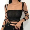 Korea Black Mesh Lace Up Bandage Crop Top Top Grunge Aesthetic Aesthetic Cyber Y2K Mall GOTH GOTH GOTH ABBIGLIAMENTO SEXY ABBIGLIAMENTO QWA8 210603