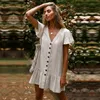 Frühling Sommer Neue Rüschen Mini Kleid Frauen Einfarbig V-ausschnitt Elegante Volle Hülse Taste X0521