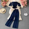 Kvinnor Sexig Off Shoulder Två Piece Sets Kläder Sommar Sköt Toppar Blus Lösa Byxor Outfit Ladies Beach 2 st Suit Set 210519