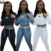 Kliou Letter Print Solid Two Piece Sets Women Crop Tops+Drawstring Leggings Tracksuits Sportswear Female Hot Outfits Y0625