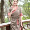 Traditionell tibetansk kostym orientalisk sommarklänning Vintage Long Qipao Kvinnor Elegant Kortärmad Cheongsam Asiatisk Etnisk Kläder