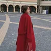 Vrouw lange jas zwart rood koreaans retro losse wol jas riem wollen windjack oversize mode herfst vrouwen dikke jas 3XL 211104