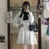 Sweet JK Dress Harajuku Women Pleated Retro Sailor Style Loli Bowtie Collar High Waist Long Sleeves Short Vintage Casual Dresses