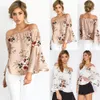 Sexiga Kvinnors Sexiga Off Shoulder Toppar Långärmad Blus Casual Shirt Blommor Lösa Toppar 210522