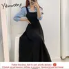 Yitimuceng Midi Spaghetti Strap Dresses Women Summer Ruched High Waist A-Line Unicolor Black Khaki Korean Fashion Dress 210601