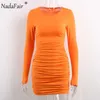 Nadafair z długim rękawem Mini Sexy Bodycon Sukienka 2019 Jesień Podstawowy O Neck Ruched Casual Żółty Pomarańczowy Czarna Sukienka Winter Women Y1006