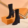 Höst vinterstrumpor Heeled Heel Boots Fashion Sexig stickad elastisk startdesigner Alfabetisk Kvinnor Skor Lady Letter Tjocka Högklackat Storlek 35 ----- 42 US4-US11 med låda