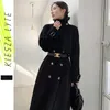 Vintage Black Wool Coat Women's Winter Office Lady Long Thick Woolen Coats Jacket Elegant Clothing Outwear 210608