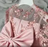 Allık Pembe Dantel Çiçek Kız Elbise Balo Sheer Boyun Boncuklu Payetli Kat Uzunluk Uzun Kollu Lilttle Çocuklar Doğum Günü Pageant Weddding Gowns Custom Made